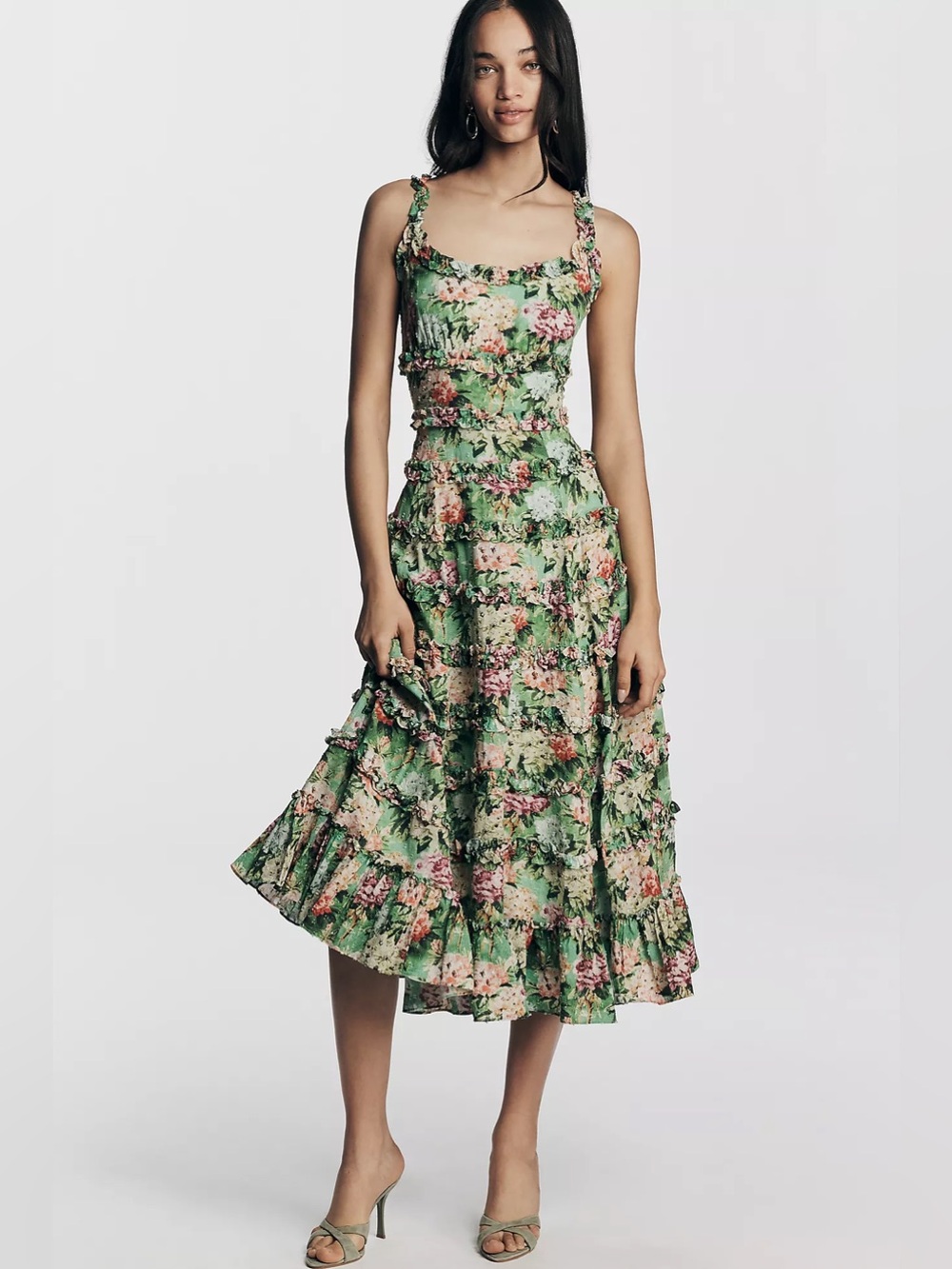 Mac Duggal 8263 Floral Square-Neck Ruffle Cotton Midi Dress Anthropologie